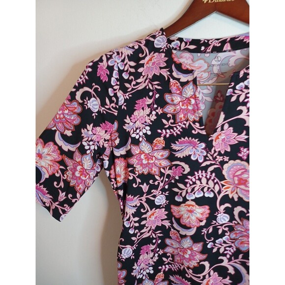Lands End Knit Pullover Top S Pink Floral Shortsleeve V Neck Spandex Stretchy - Picture 6 of 13